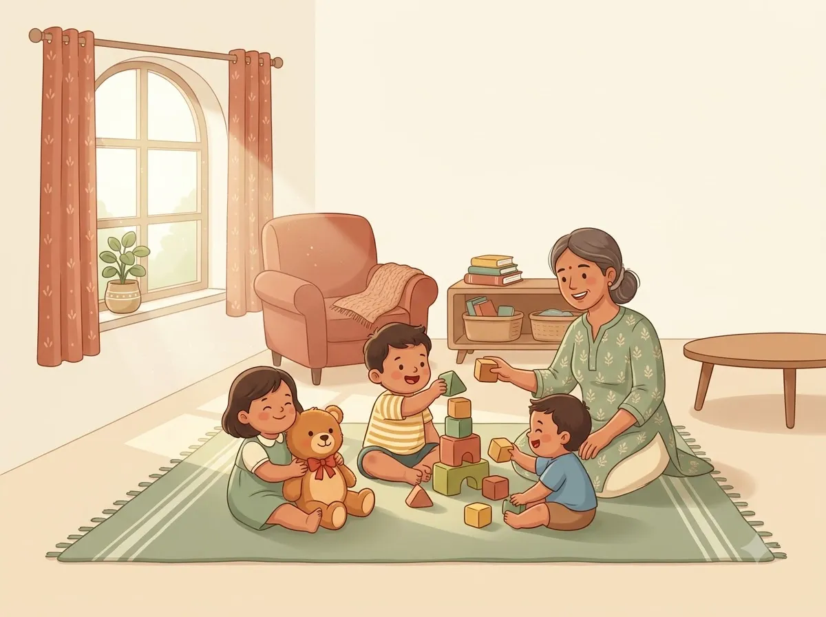 Illustration of Maza Ghar Day Care — a caring woman playing blocks with three happy toddlers in a warm living room