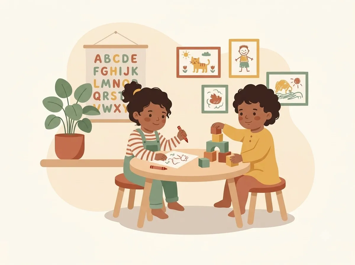 Illustration of two toddlers drawing and stacking blocks at a small table