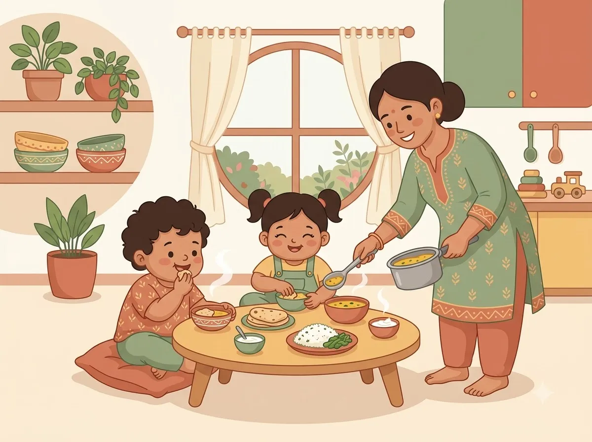 Illustration of children enjoying home-cooked Indian food served with a smile