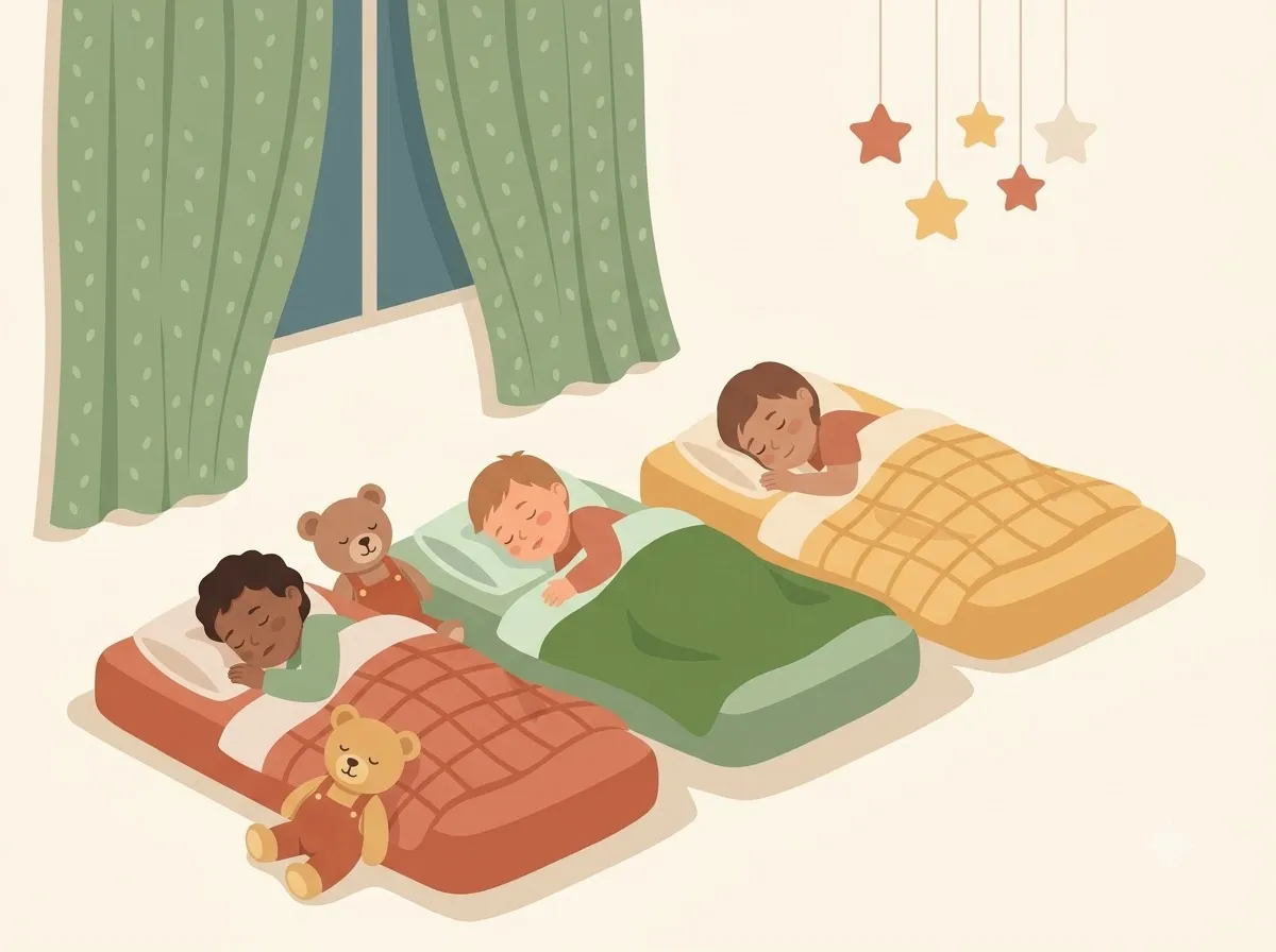 Illustration of toddlers sleeping peacefully on soft floor mattresses