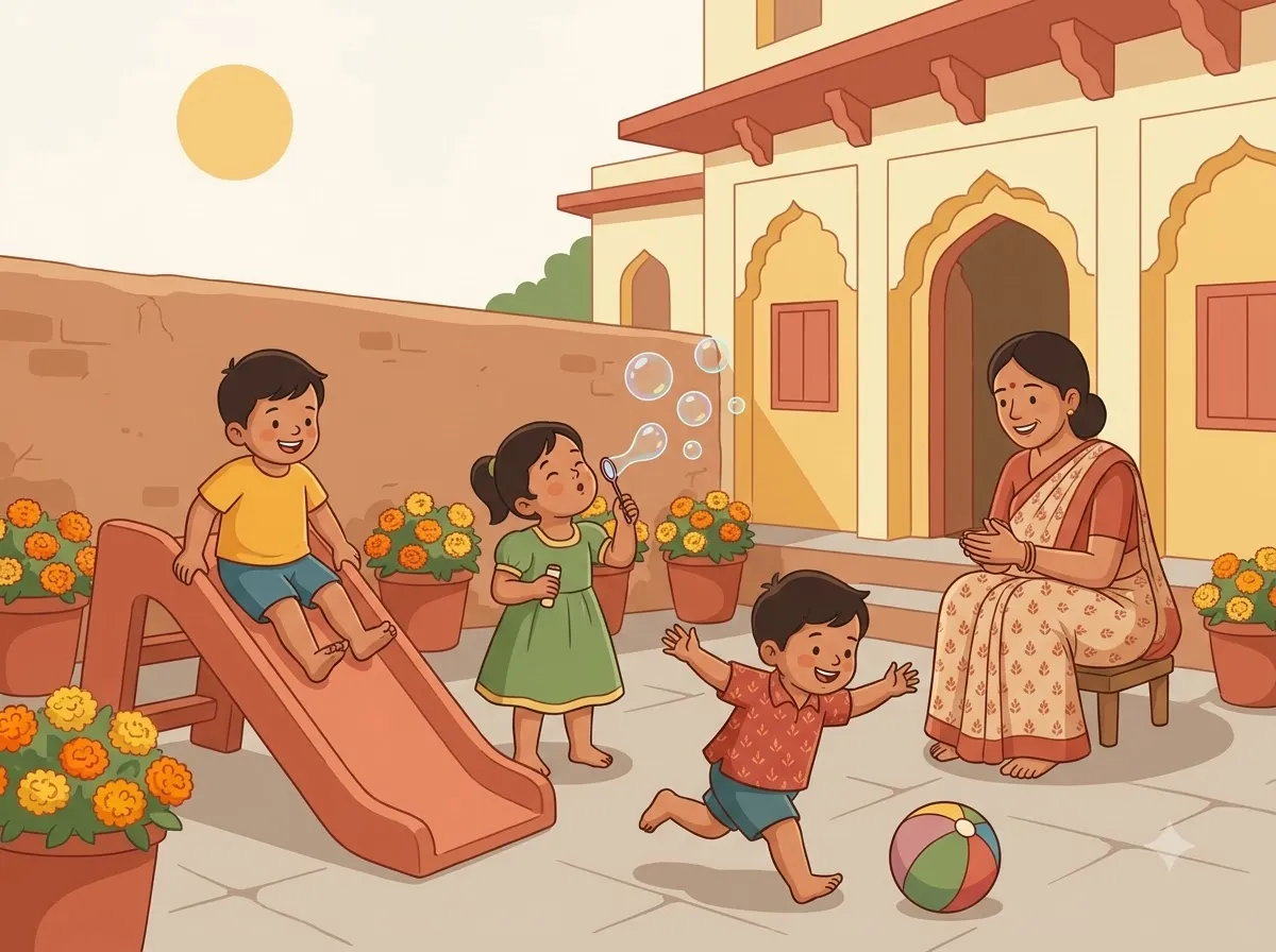 Illustration of children playing in a sunny courtyard with marigold flowers