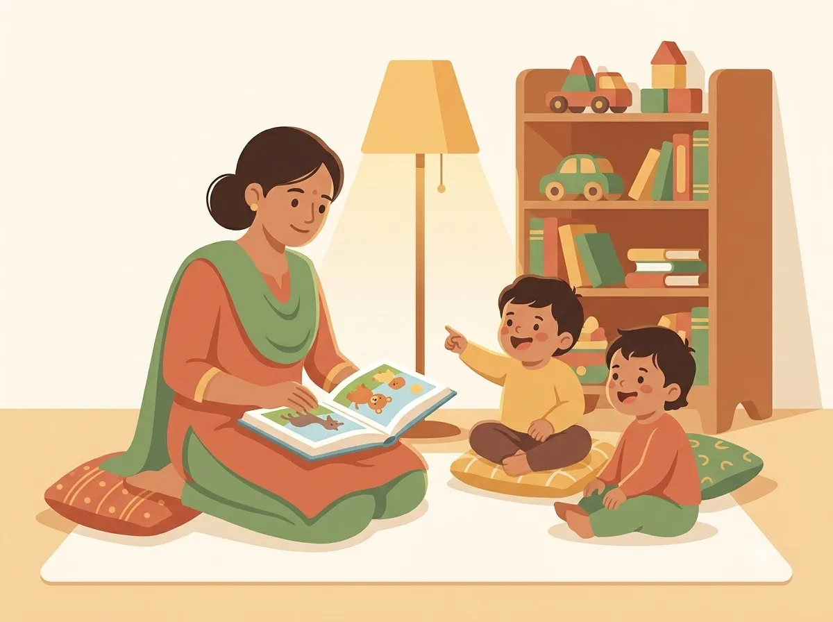 Illustration of a caregiver reading a picture book to two delighted toddlers